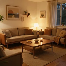 mid century modern furniture in cozy fancy hygge living room with warm lighting at night