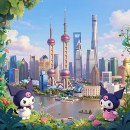 3 d, hyperrealism art glamorous sci - fi poster, a panoramic view of shanghai full of kuromi, beautiful whimsical botanical illustration, by android jones and greg rutkowski, digital matte painting, ghibli style, golden ratio