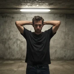 a man standing with his hands behind his head in a basement