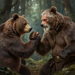 an old man in the woods arm wrestling a bear, deep focus, d & d, fantasy, intricate, elegant, highly detailed, digital painting, artstation, concept art, matte, sharp focus, illustration, hearthstone, art by artgerm and greg rutkowski and alphonse mucha