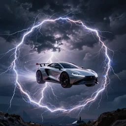 futuristic flying car emerging from a portal in the sky made of circular lightning, thunderstorm at night, 28mm dramatic photo