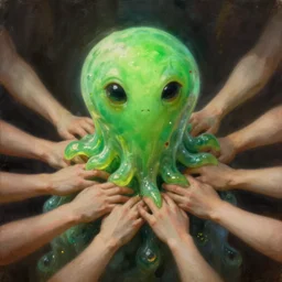 portrait of my waifu cute innocent green amorphous blob, slimy alien creature with adorable uwu eyes, it has several human arms out stretched to grab me. painted by greg rutkowski, wlop,,