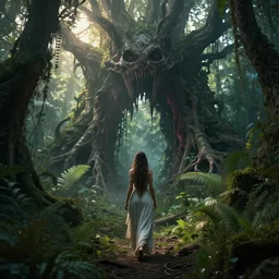 a doomed goddess walking towards a ravenous, horrific portal to hades embedded in a creepy tree in a densely overgrown, magical jungle, fantasy, dreamlike sunraise, stopped in time, dreamlike light incidence, ultra realistic