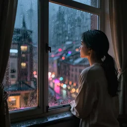 ana de armas looking out a window on a rainy night, nighttime!, raining!!, colorful city light reflections!