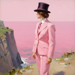 an attractive female in a pink suit and tie, standing on a cliff, wearing a tophat, looking out at a pink ocean, by jc leyendecker!! phil hale!, angular, brush strokes, painterly, vintage, crisp