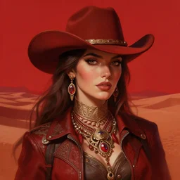 cowboy woman portrait, red desert background, fantasy, intricate, elegant, highly detailed, digital painting, artstation, concept art, smooth, sharp focus, illustration, art by afshar petros and krenz cushart and artem demura and alex alice and tony sandoval