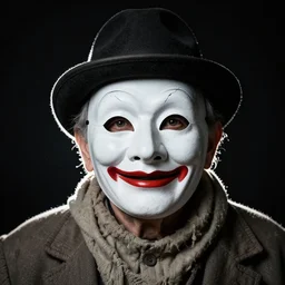 high contrast studio close - up portrait of a wrinkled old man wearing a pulcinella mask, clear eyes looking into camera, baggy clothing and hat, backlit, dark mood, nikon, photo by david lachapelle, masterpiece