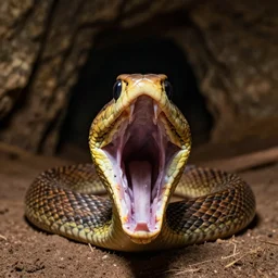 a snake opening it’s mouth toward camera with the mouth appearing like an Indiana jones style cave from a distance