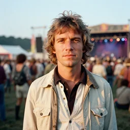 photorealistic documentary style portrait of geert wilders at the 1 9 6 9 woodstock festival shot on 1 6 mm eastman 7 2 5 4 film with a 5 0 mm lens shot at magic hour