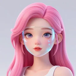 of a 2 d girl with a holographic glass face, 3 d pink hair