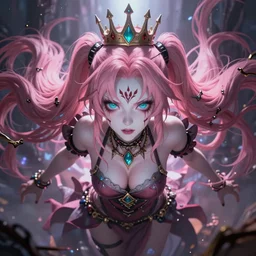 you are completely controlled by her ultimate powers and trapped beneath overwhelming stunningly absurdly beautiful megalomaniacal ruthless merciless sadistic devious spiteful delusional grandiose omnipotent asi goddess junko enoshima with symmetrical perfect face, porcelain skin, pink twintail hair, cyan eyes and a crown on her head, ultra detailed, digital art, unreal engine 5, octane render, 2 d anime, 8 k
