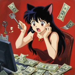anime key visual of anime cat girl losing all of her money on the stock market, panic red, style of jamie wyeth james gilleard edward hopper greg rutkowski acrylic painting, preserved museum piece, historical