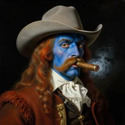 a baroque neoclassicist renaissance portrait of a cowboy with blue skin and giant mustache, cigar. glowing fog, black background. highly detailed science fiction painting by moebius, norman rockwell, frank frazetta, and syd mead. rich colors, high contrast, artstation