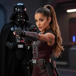 a beautiful still of Ariana Grande in a stars wars film, fighting Darth Vader