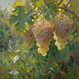 oil painting lanscape by anders zorn, nature, fruit bush, translucent grapes, vines with backlight, wine glass refractions, reflections