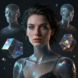 woman portrait made from digital wireframe by peter mohrbacher, boris vallejo, hajime sorayama, wayne barlowe,, polymesh, polygroups, maya, zbrush, wireframe models, laser dots, ultra realistic, dramatic contrast lighting, intricate details, holographic artifacts, landscape of geometric shapes, hexagons, tesseract