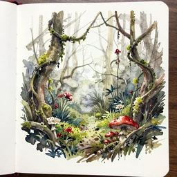 jean - baptiste monge water color on white paper watercolor sketch of overgrown spooky swamp with vines, moss, flowers, mushrooms hard edges, pencil lines, drips, runs, spatter, details. red chrome. jean - baptiste monge!!!!!