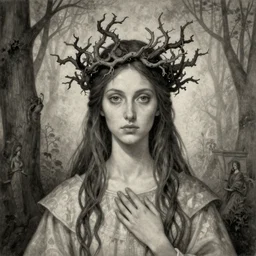 priestess wearing a crown of twisting branches, by beksinski and artem demura