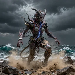 a beautiful demonic creature covered in electronic wires sculpture electricity earthquake, ocean, sea, dust particles, covered in dust, grind, rocks, dark clouds