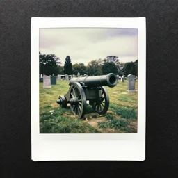 polaroid photo of a napoleonic cannon standing on a graveyard.