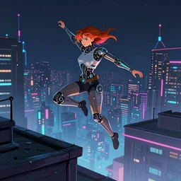 Mechanical Aubrey Plaza jumps From rooftop, cyberpunk city background, y2k aesthetic, dramatic lighting, illustration by Anna Tsubaki , Geoff Darrow, 4k, digital art, concept art, trending on artstation