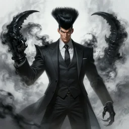 a highly detailed illustration of fierce korean man with bowl cut black hair wearing suit and tie with giant black claws, wielding giant black fog claws pose, foggy lovecraftian black mist surrounding background, perfect face, intricate, elegant, highly detailed, centered, digital painting, artstation, concept art, smooth, sharp focus, league of legends concept art, wlop.
