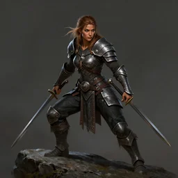 Female barbarian, black pants, heavy breatplate, swords, gorgeous and beautiful, light brown messy hair, dark skin, brown eyes, detailed face, battle stance, high fantasy, extremely detailed, alone, on a rock, DND, D&D, matte painting, by wlop and peter mohrbacher