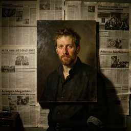 “ alex jones trapped inside a room with newspapers taped over the walls, dim lighting, oil portrait ”