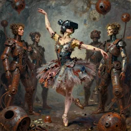 junky women ballet dancer, cybertronic gadgets and vr helmet, durty colours, rotten textures, mid shot, rusty shapes, biotechnology, dariusz zawadzki, tim hildebrandt, wayne barlow, bruce pennington, larry elmore, oil on canvas, luminosity, deep depth field, masterpiece, cinematic composition, hyper - detailed, hd, hdr