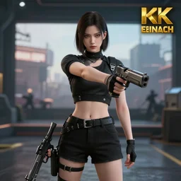 photograph of a young woman wearing a all black clothes holding a Gun, detailed, artstation, concept art, Unreal Engine 5 render, gameplay showcase, 8K