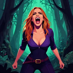 a horror movie poster, staring Sofía Vergara as the heroine, screaming, forest themed, vector art, by synthwave cyberwave