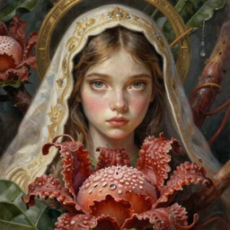 breathtaking detailed concept art painting of the girl with rafflesia arnoldii flowers, saint, with anxious, piercing eyes, ornate background, amalgamation of leaves and flowers, by Hsiao-Ron Cheng, James jean, Miho Hirano, Hayao Miyazaki, extremely moody lighting, 8K
