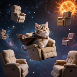 a kitten wearing a cape floating through space surrounded by floating recliner chairs, galaxies, dramatic lighting, stars, suns, spirals