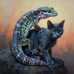 painting of hybrid gecko and cat, intercrossed animal, by zdzislaw beksinski, by lewis jones, cold hue's, warm tone gradient background, concept art, digital painting