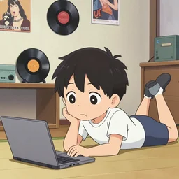 kawaii anime boy laying on the floor of his room in front of laptop computer, album vinyls, electronics, posters on the wall