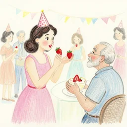 a drawing of a woman - strawberry talking to an old man at a busy birthday party, pastel and ink on paper