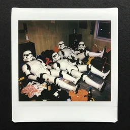 Polaroid photo, cinematic tone, stormtroopers collapsed in a cluttered room, 80's America, liquor bottles and clothes scattered on the floor