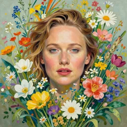 a head and shoulders vibrant portrait of alicia vikander surrounded by an explosion of wild flowers, by joshua middleton, by alphonse mucha, by edgar maxence,, by gustav klimt, by gregory manchess, by wes anderson, by wayne barlowe, by james gilleard, intricate, detailed, single head, octane render