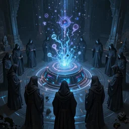 a quantum computer, a dark cabal of hooded mystics in long robes gathered in a circular formation around a highly advanced quantum computer processing the spirits of the dead, epic scifi art, dan seagrave art, michael whelan
