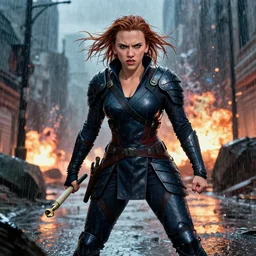 scarlett johansson with angry expression wearing wet armour in pouring rain. hair blowing in the wind, depth of field effect, full body pose, dramatic lighting, ninja scroll anime style, full colour manga drawing, in a post apocalyptic city street with explosions in the background