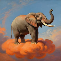 a romantic painting of a fuchsia elephant floating in the sky on top of a bright orange cloud, in the style of delacroix