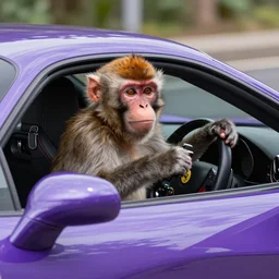 monkey driving a purple Ferrari, photorealistic
