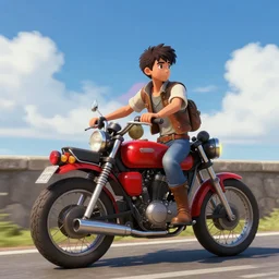 red, a teenager riding a motorcycle on a seawall with blue sky and white clouds in the background, otomo keyang style, steampunk, unreal 5 engine, volumetric light