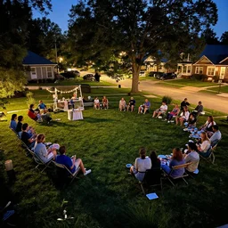 an american neighborhood party at night, big garden, street, lot of grass