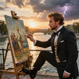 clean shaven mcgregor is dressed as a gentleman at early 2 0 th century paris. he is watching an easel. that easel has a canvas on it. ewan mcgregor has a brush on his hand. he is painting a painting. there is a small brown cat with yellow eyes on ewan mcgregors feet. on background has river seine, morning sun, golden lights, dark clouds, lightning, by h. r. giger