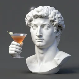 a 3 d model of a white marble human head in a renaissance style holding a coctail, digital illustration, 3 d render, above the waist