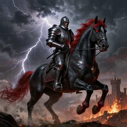 a angry knight in full plate of black armor, splattered with blood, riding a large black war horse, with red glowing eyes flowing red mane and tail, blackened clouds cover sky, crackling with lightning, a castle in distance burns, concept art by greg rutkowski, craig mullins, todd mcfarlane,
