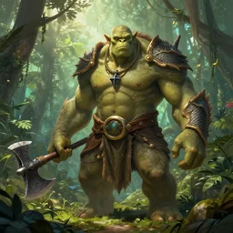 giant orc - angler - fish hybrid beast holding an axe : : fantasy style : : jungle scenery