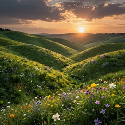 beautiful dreamy hilly verdant flower filled landscape at sunset by Anna dittmann