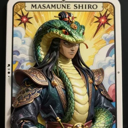 handsome naga warrior handsome face, half snake half man, semi realistic anime, fantasy anime, tarot card, art by Masamune Shirow, Ilya Kuvshinov, cinematic, 4K
